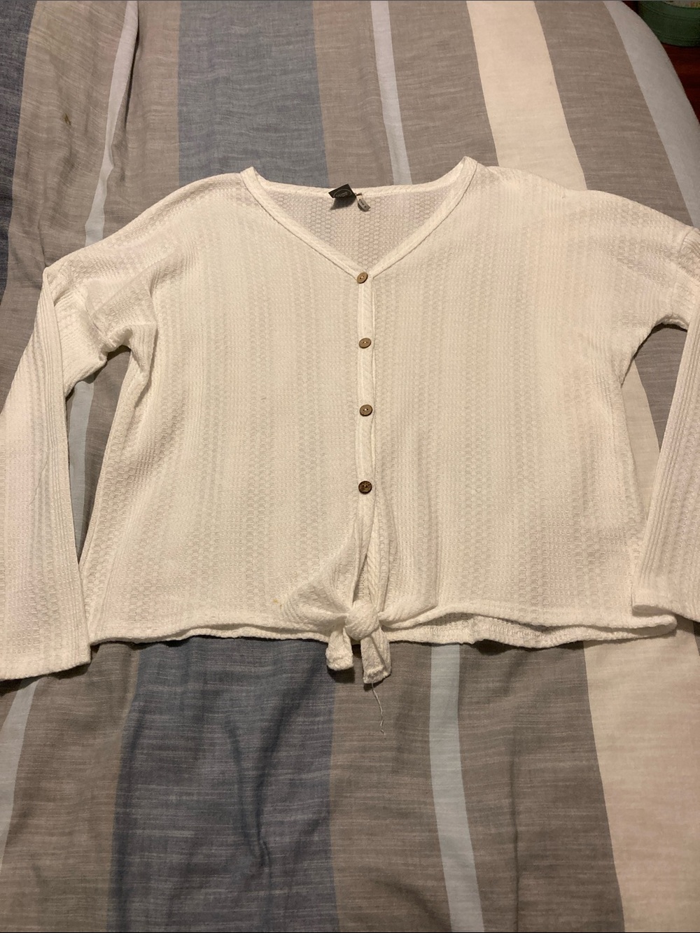 Paper Crane White Button-Front Tie Hem Top